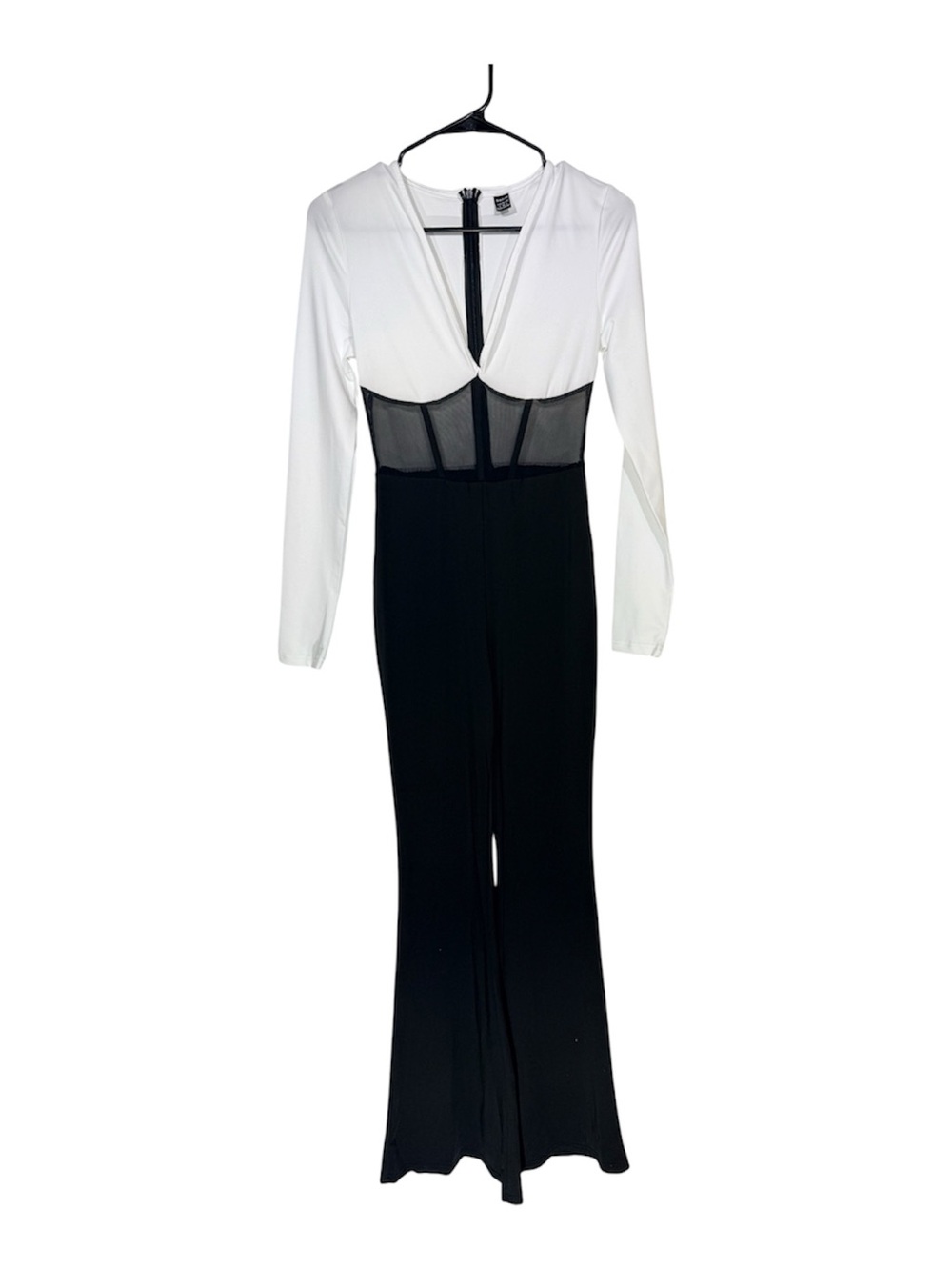 SHEIN White V-Neck Dress with Black Center Zipper Detail